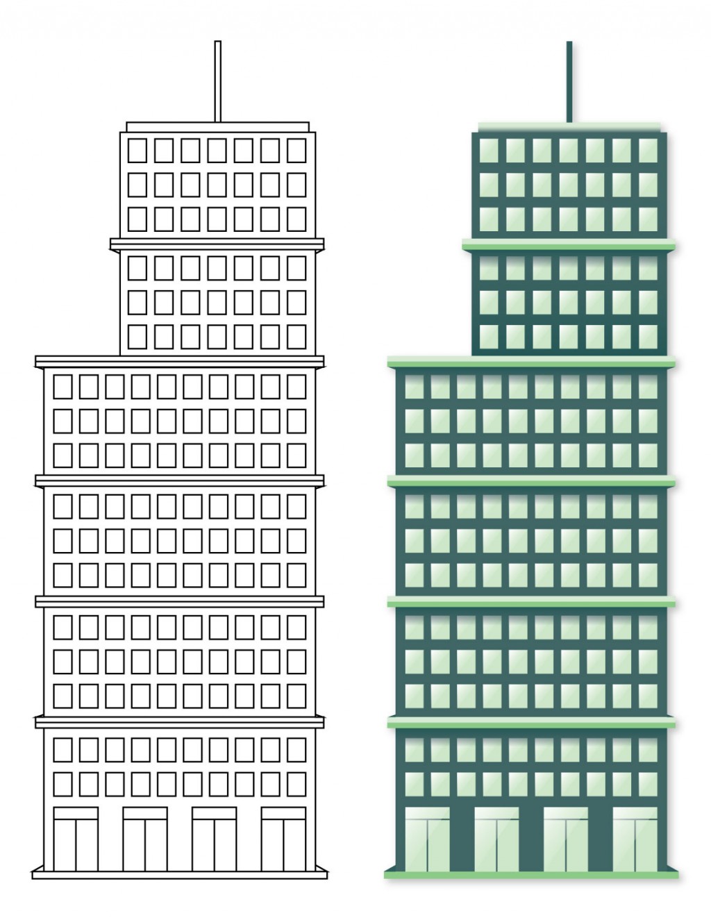 Two illustrations. Top: line art building, Bottom: color filled building. Green skyscraper building.