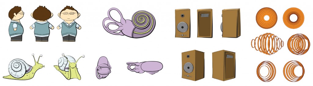 Color character studies for an ear animation. From left to right: a boy wearing a blue sweater vest, a snail, cochlea, a speaker, and a sound wave.