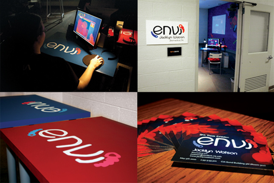 Photos of the installation that went with Envi, for my BFA thesis presentation. There are four photos. Upper left, someone playing the game at one of the desk. Upper right, sign outside the room, peeking into the installation room. Bottom left, a photo of the desks with the Envi logo painted on them. Bottom right, small business cards with information about Envi and how to contact me.