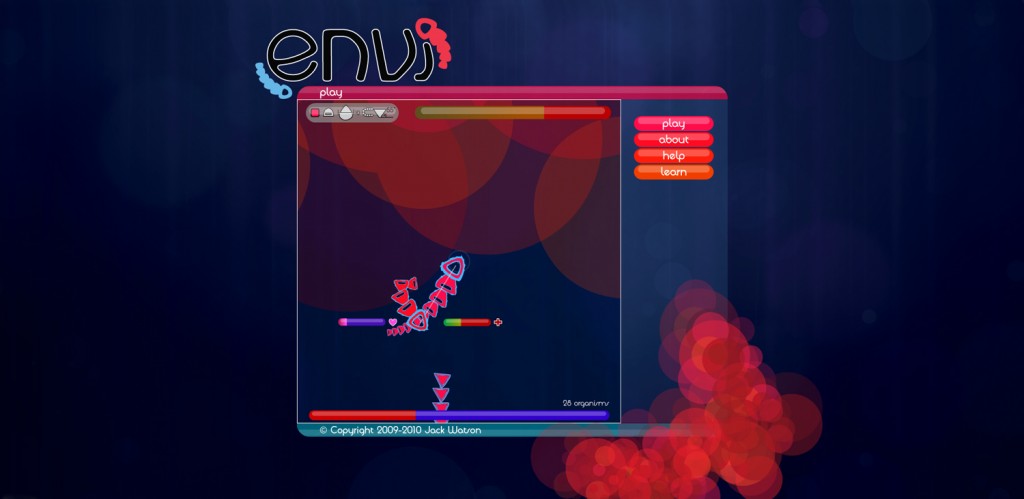 Screenshot of the website I created to house Envi. The game is in a window in the center, with elements of the website background overlapping the menu to the right.