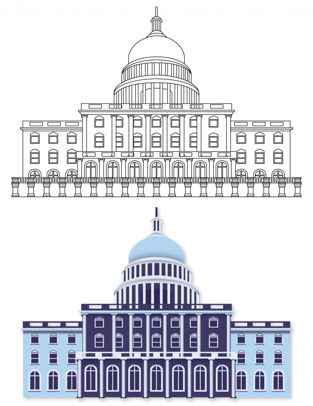 Two illustrations. Top: line art building, Bottom: color filled building. Blue government building.