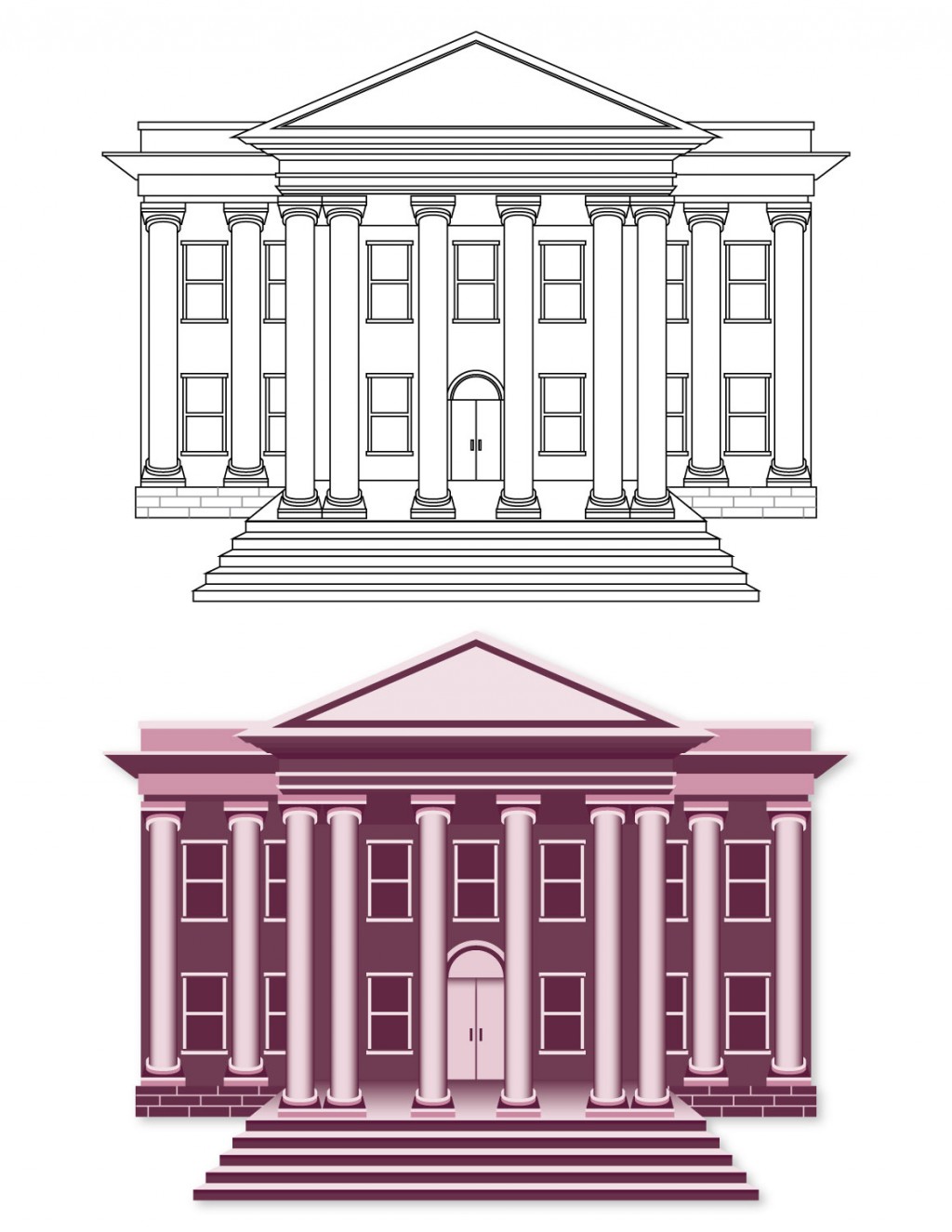 Two illustrations. Top: line art building, Bottom: color filled building. Pink government building.