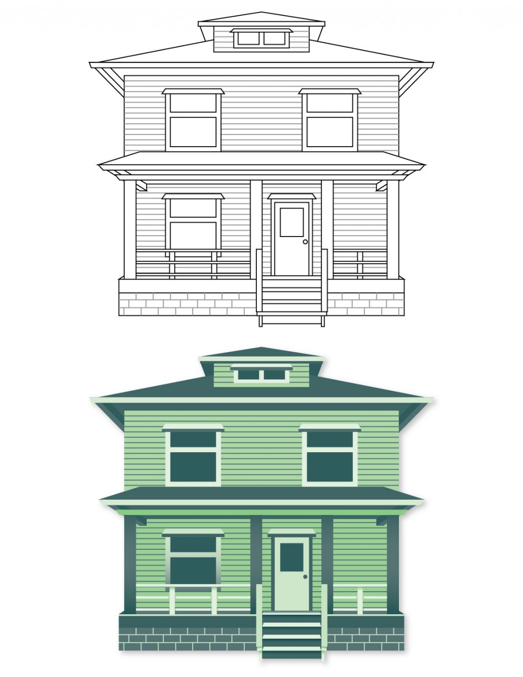 Two illustrations. Top: line art building, Bottom: color filled building. Green house.