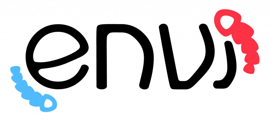 Logo for Envi. Black text with blue organism to the left, and a red organism to the right.