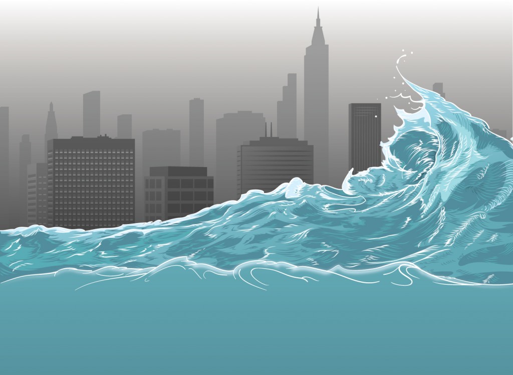 In progress color illustration of the ocean, waves, and a heavily polluted city in the background.