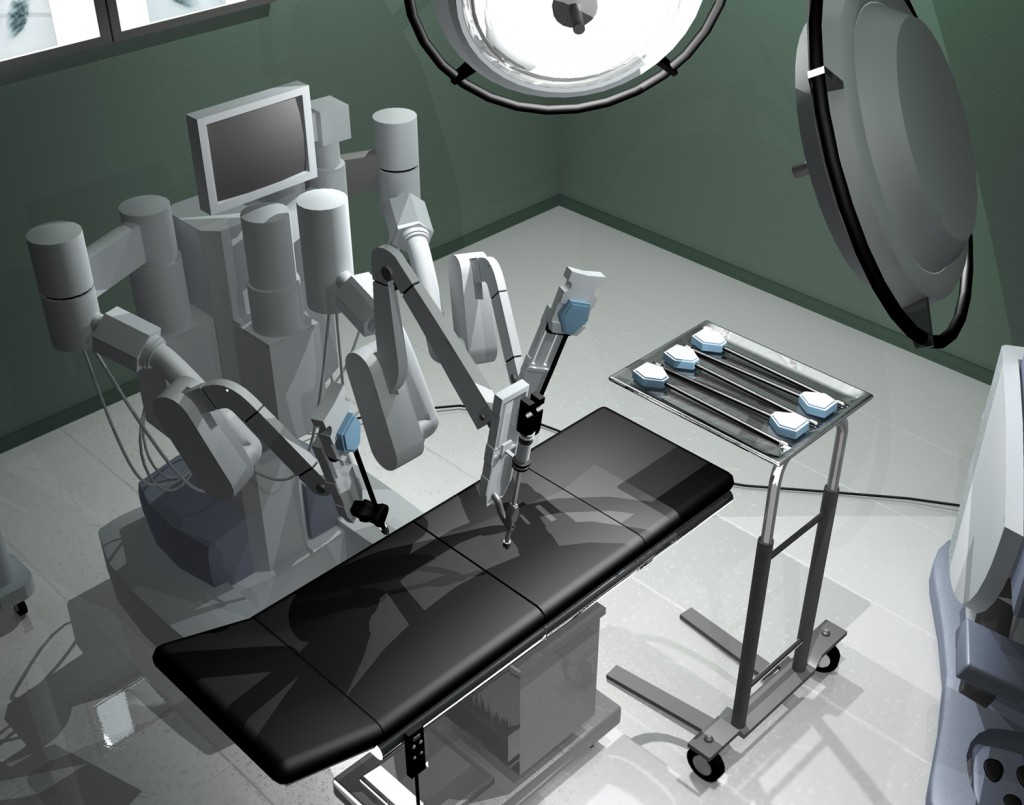 Full color 2D render of a 3D scene. Hospital room with equipment, lights, table, instrument cart, da Vinci Si Surgical System