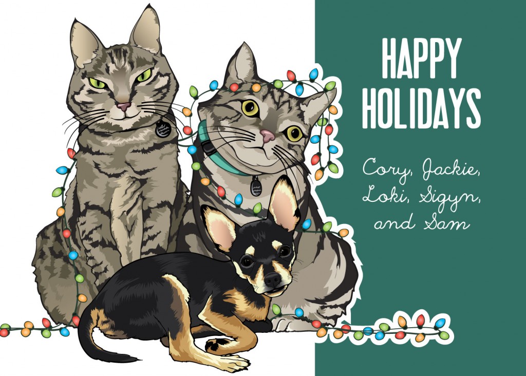 Color illustration of two gray and black striped, domestic shorthair cats, and a black and tan chihuahua on a holiday card.