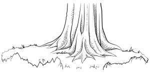 Black and white line art sketch of a tree trunk from a game of exquisite corpse.