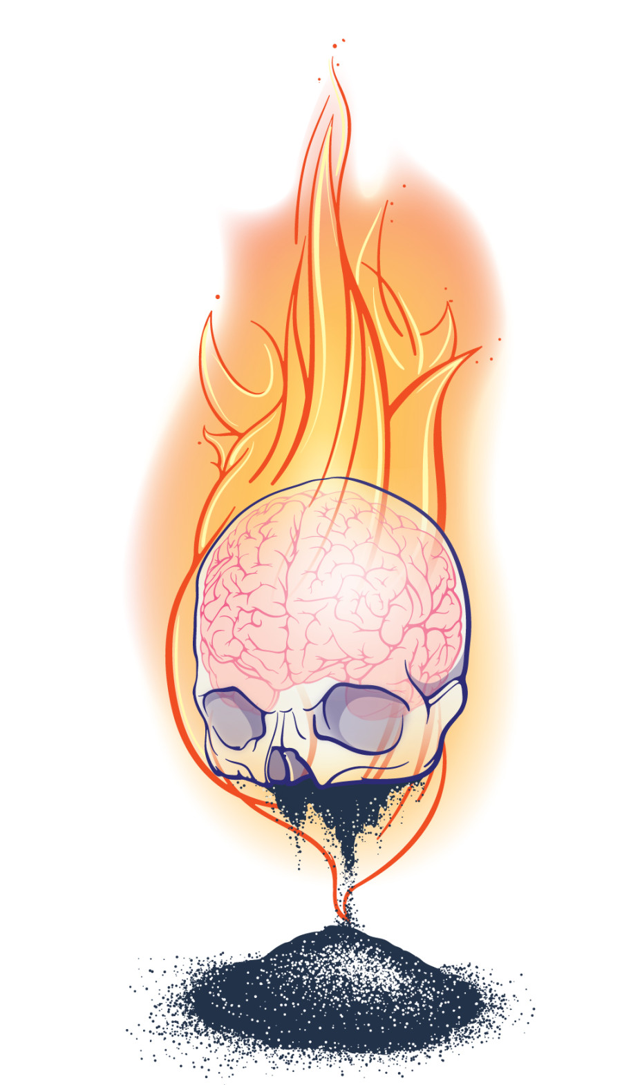 In progress color illustration of a skull on fire. Brain is visible. Pile of ashes lies beneath skull.