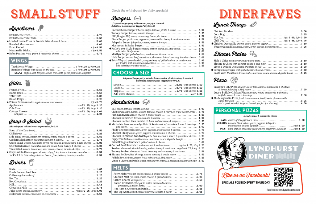 Lyndhurst Diner menu, 2nd page. Line art and flat color.