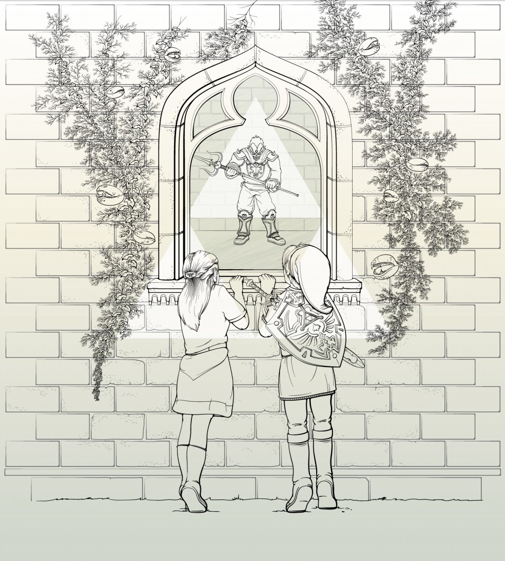 Black and white line of scene from Legend of Zelda Ocarina of Time. Unfinished. Zelda and Link looking through window. Gannon inside window. Vines on either side of window.