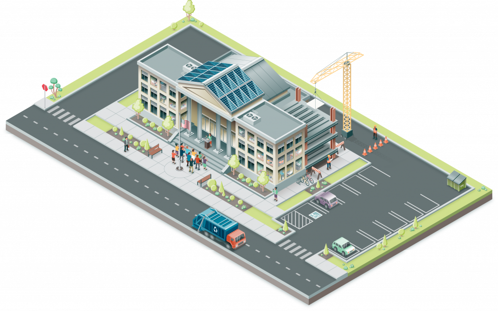 Isometric illustration, 1/3 of a series of an office building, full color, showing various activities inside and outside, people, a road, and landscaping.