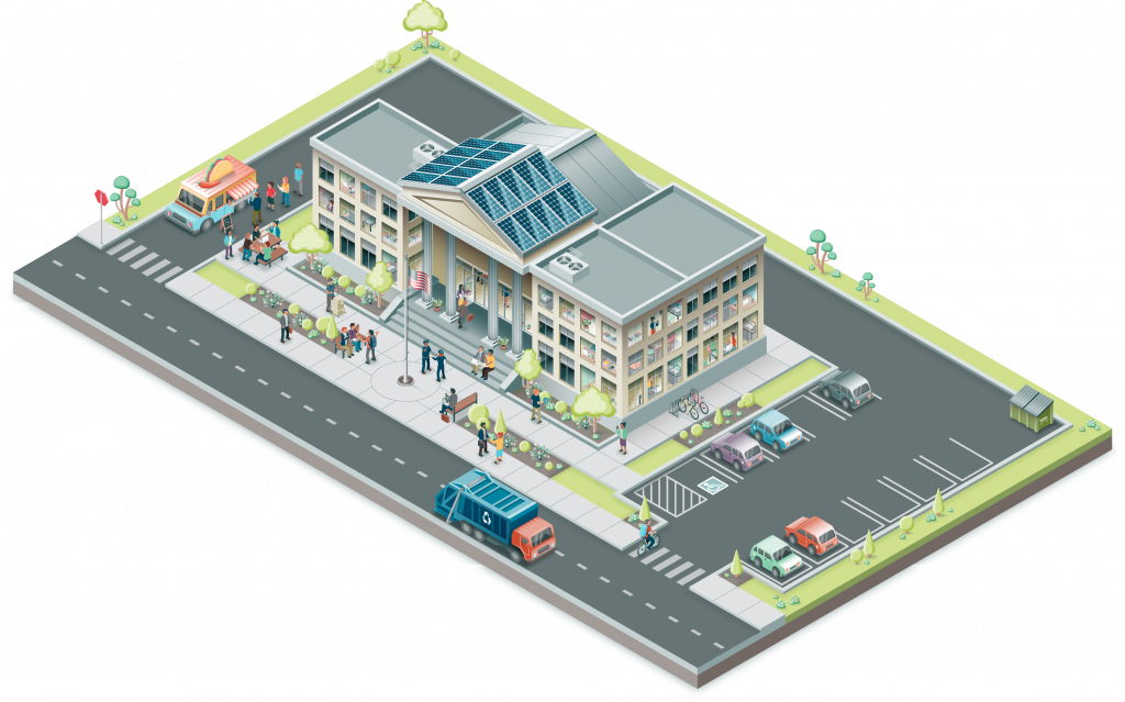 Isometric illustration, 1/3 of a series of an office building, full color, showing various activities inside and outside, people, a road, and landscaping.