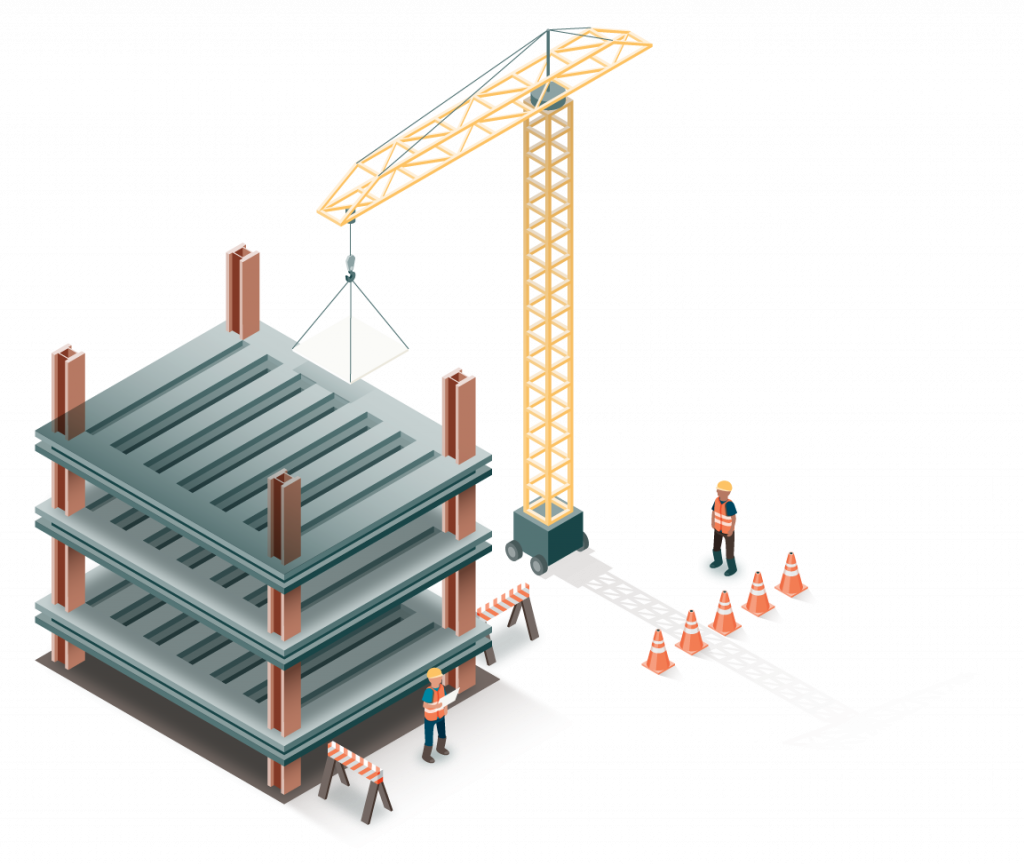 Isometric illustration, full color, close up of a portion of the full illustration, showing a construction site and workers.