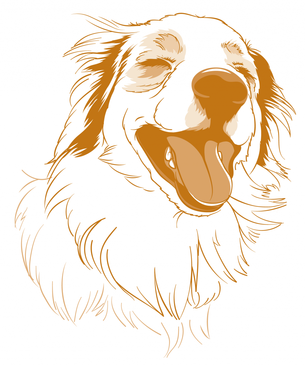 Portrait of a happy dog in orange. Line drawing.