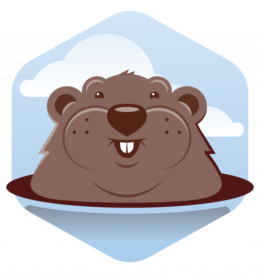 Flat color stylized icon of a gopher peaking out of hole.