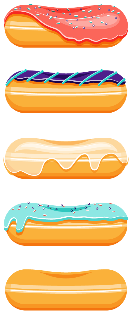 Stylized color illustration of a stack of 5 donuts, 1 plain, and 3 decorated.