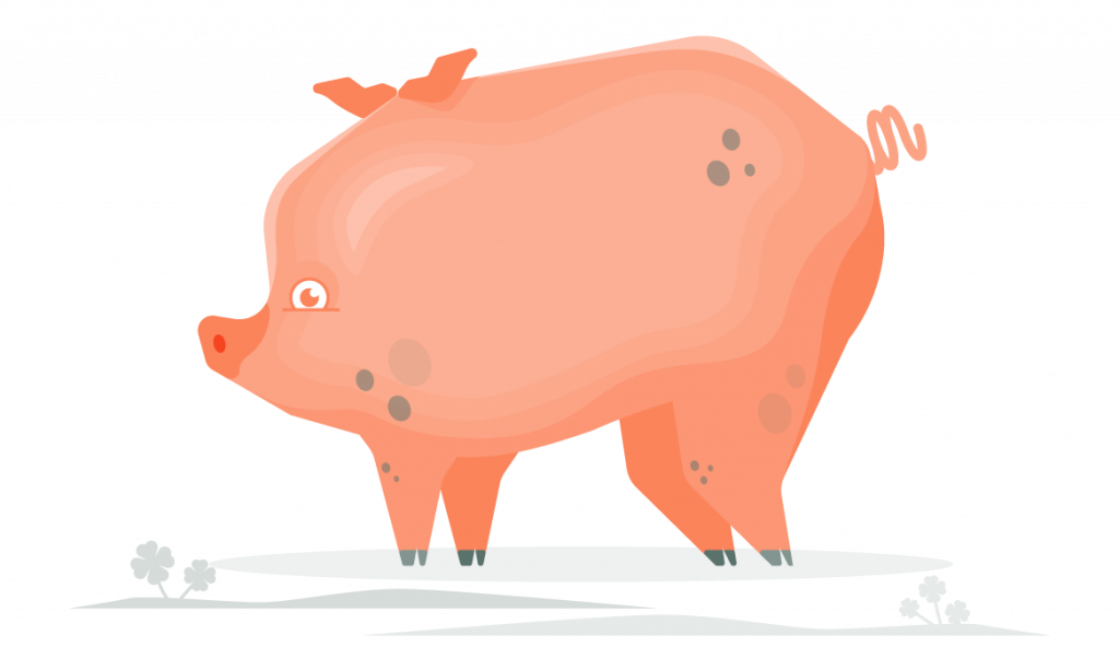 Stylized drawing of a pink pig with cool gray spots.