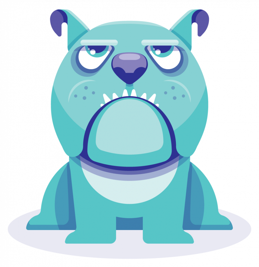 Blue, purple, and green character illustration of a dog with bulldog features.