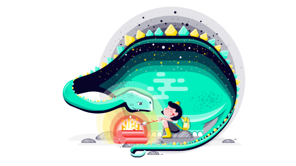 Static image from SVG animation of a girl and her dinosaur having a campfire against a light background.