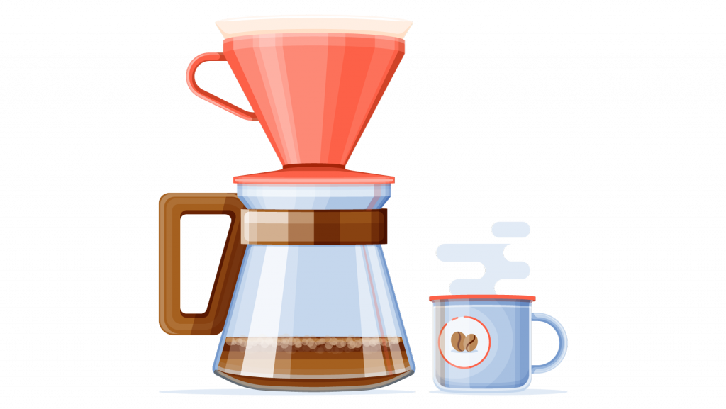 Stylized full color illustration of pour over coffee brewing set up with a mug of coffee sitting next to it.