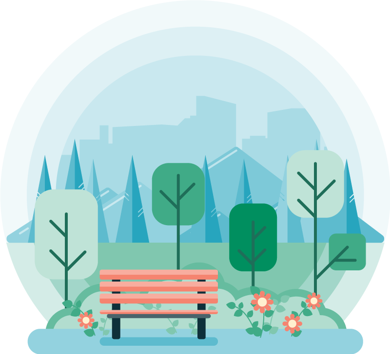 Flat design full color illustration of a green city park with a bench. Monochromatic background.