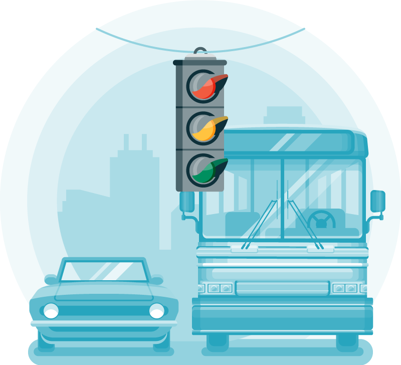Flat design full color illustration of a stoplight. Monochromatic background with a bus and a car.