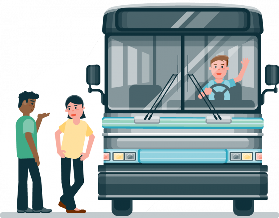 Flat design full color illustration of a group of passengers boarding a front facing charter bus with a cheerful driver.