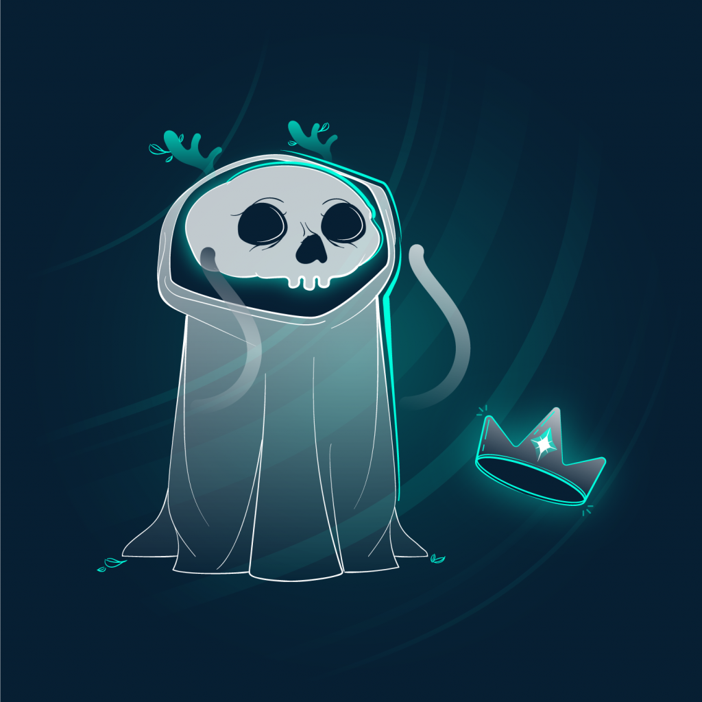 haracter design. Full color illustration of a white and green cloaked skull friend with antlers and a crown.