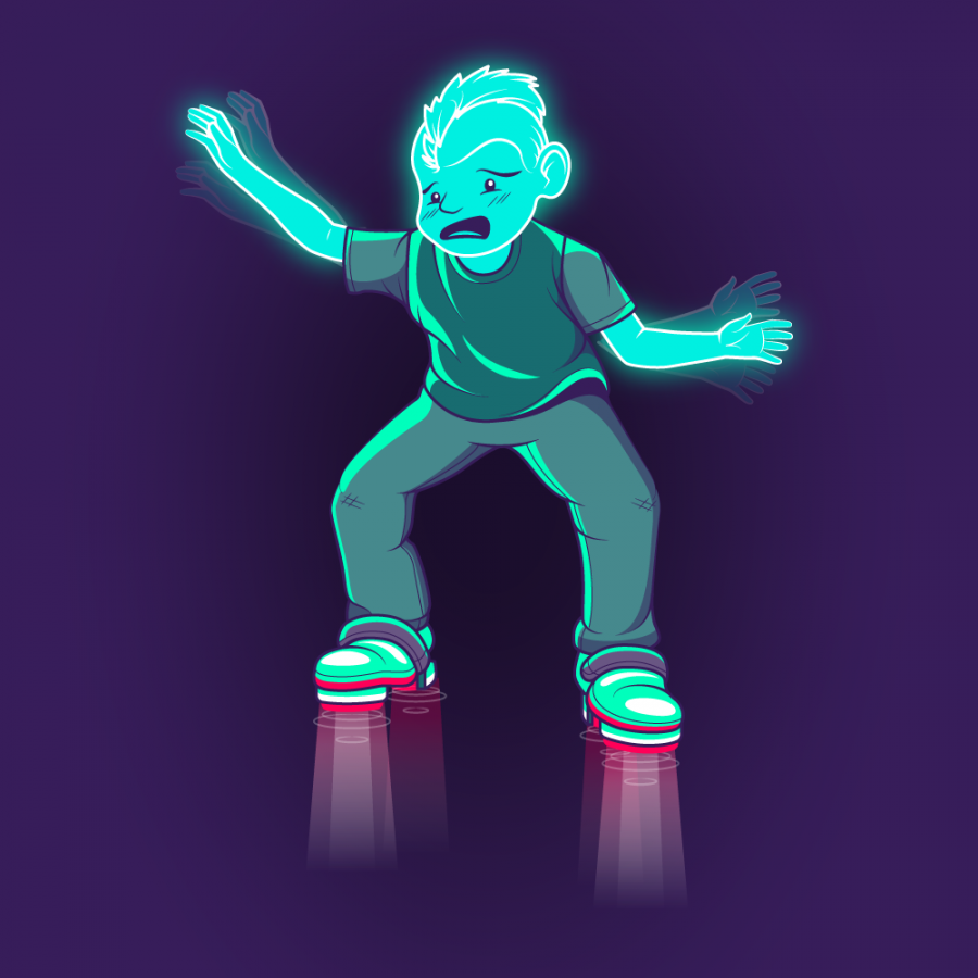 Character design. Full color illustration of a teal holographic boy struggling with hover boots.