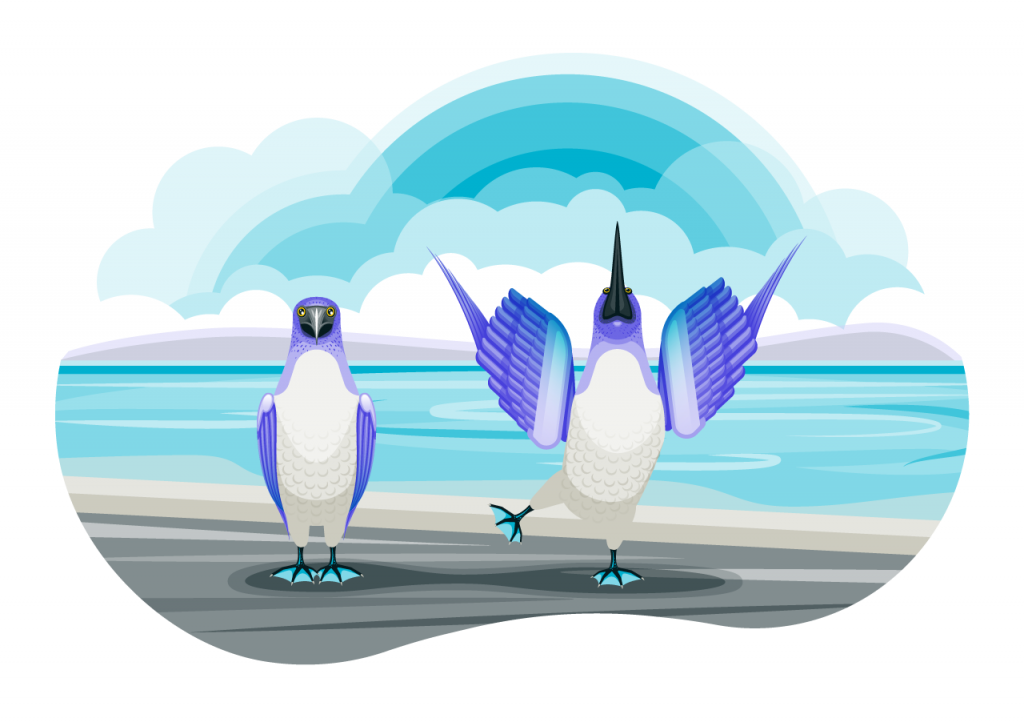 A pair of blue-footed-boobies on a beach. Stylized, flat color. Blue, purple, and off-white.