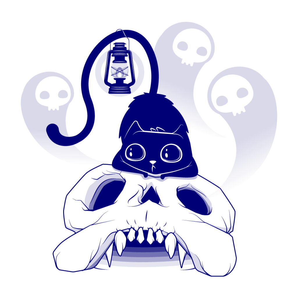 Character design. Black cat sitting ontop of a skull surrounded by ghosts.