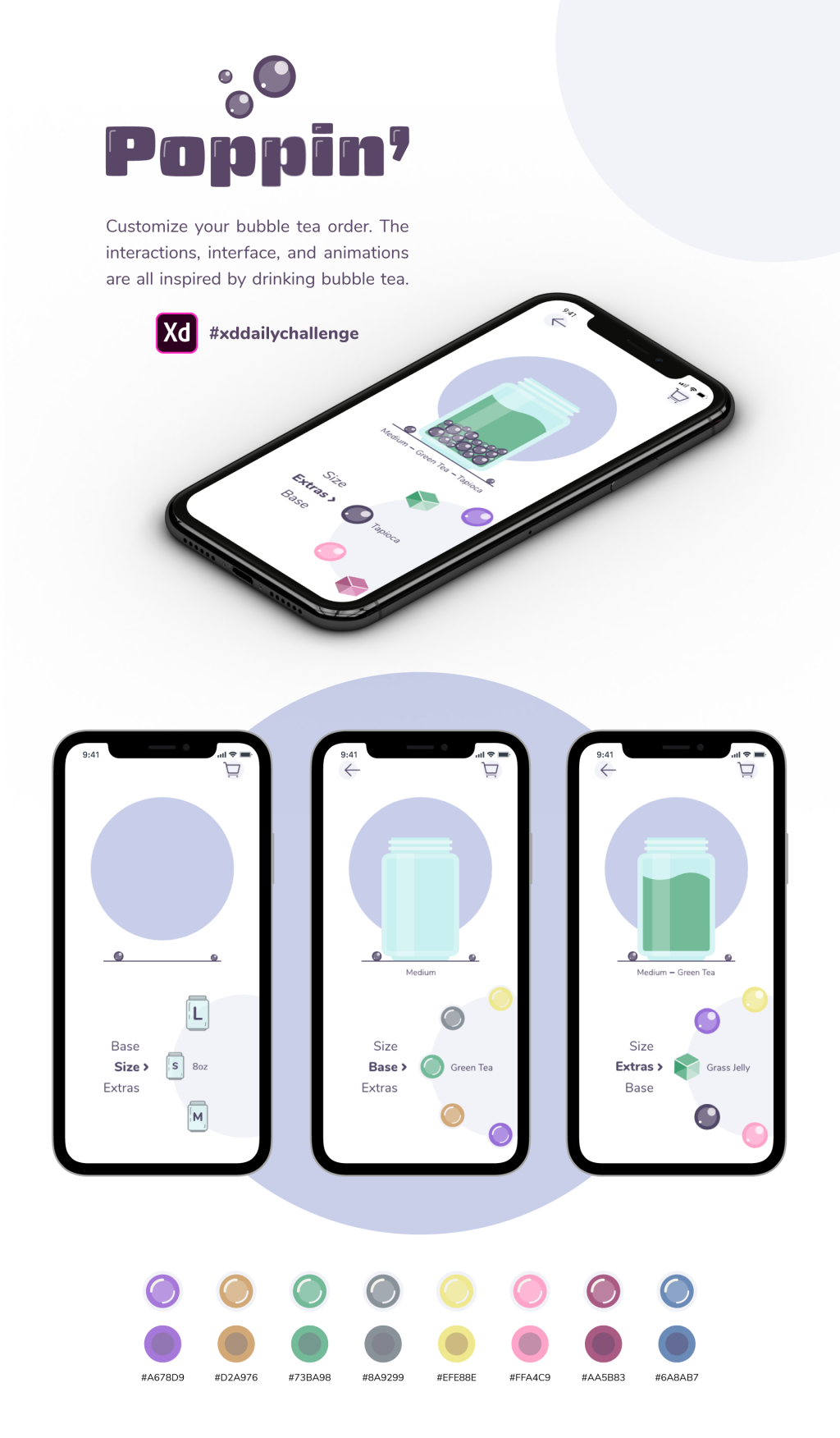 Mockup for a design for a custom bubble tea ordering app.