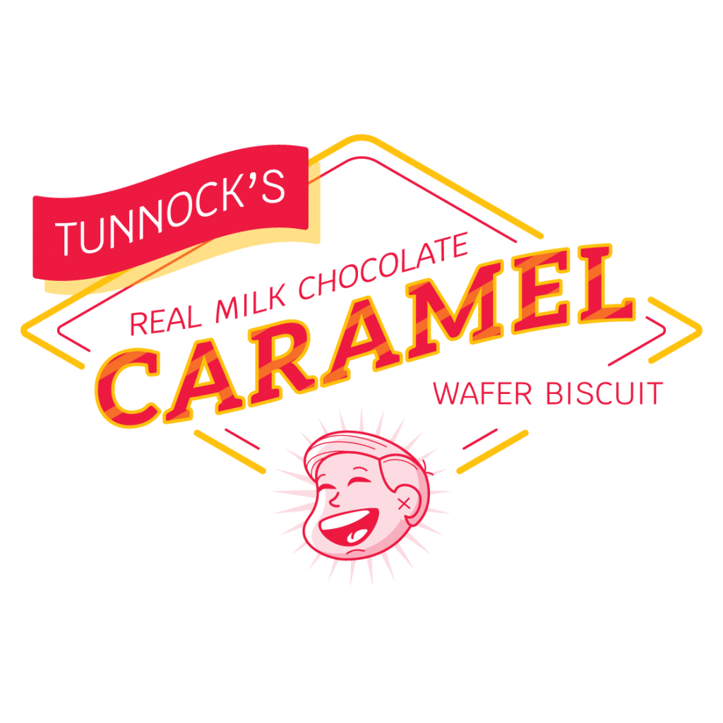 Redesign of the red and yellow Tunnock's Tea Biscuits, Caramel Wafers logo