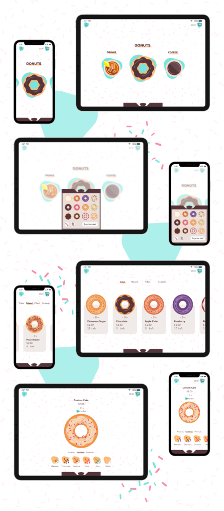 Anything Doughs app displayed on various screen sizes, tablets and phones. The menu selection screen, the adding a donut to your box screen, and the customize your donut screen.