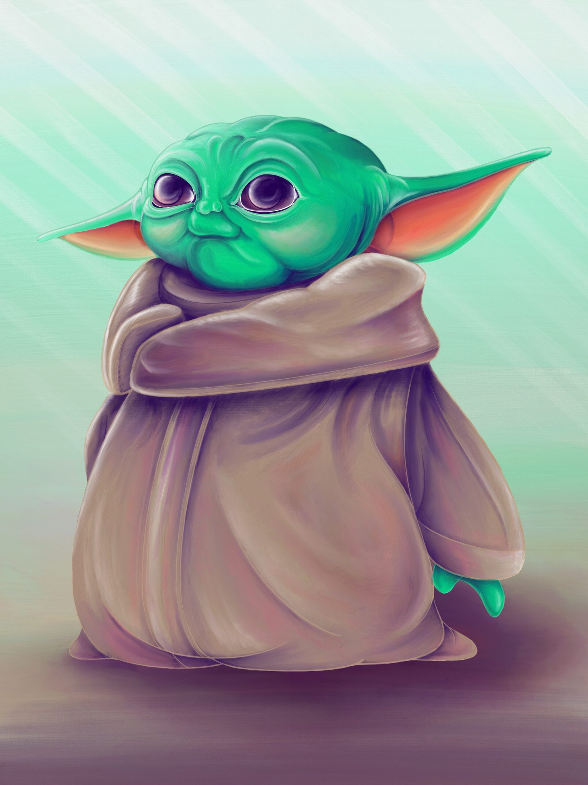 Digital painting of baby Yoda int he style of an oil painting.