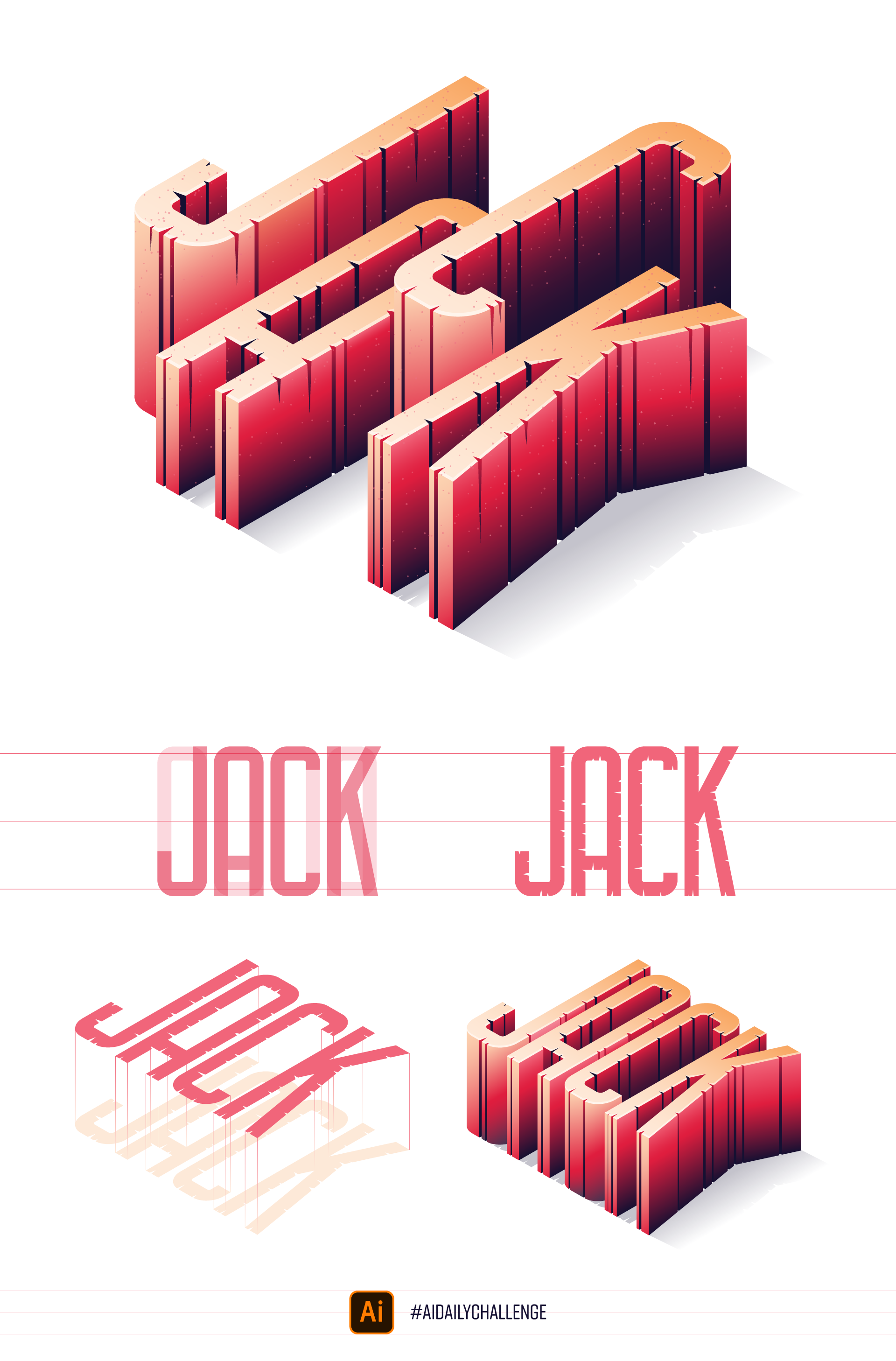 Illustration of "JACK" as textured 3D letters that extend up from a white surface from a semi-isometric view.