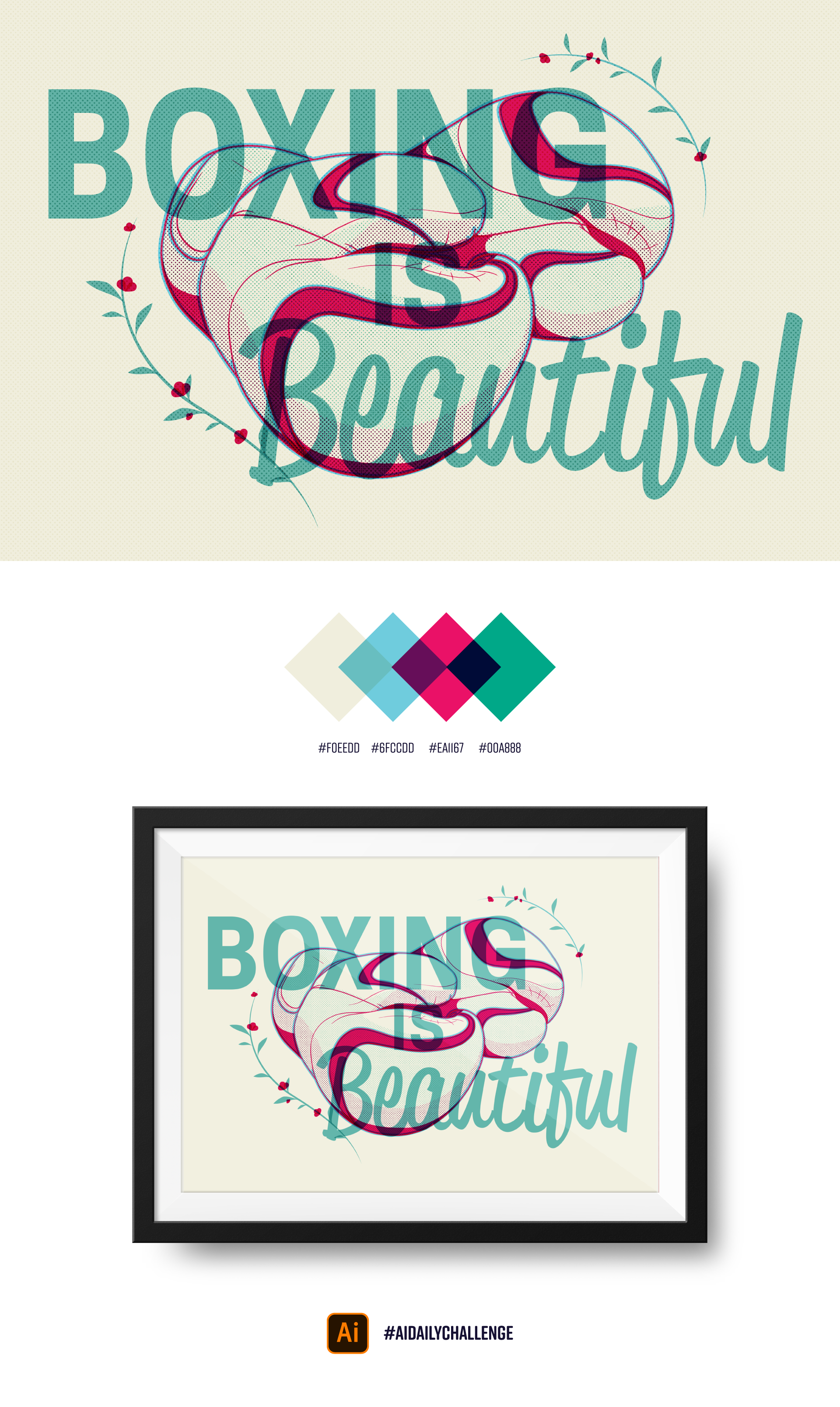 Poster design with an illustration of boxing gloves overlapping with the text "Boxing is Beautiful" in a halftone style with colors mixing.