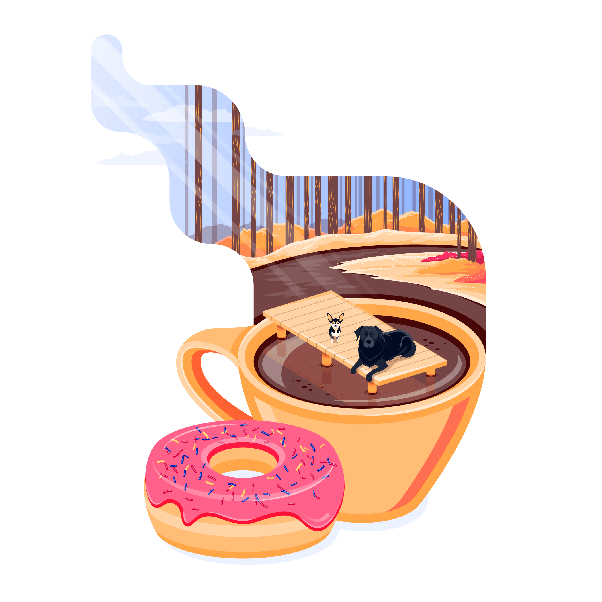 Illustration of two dogs on a dock over a cup of coffee next to a donut in the woods.