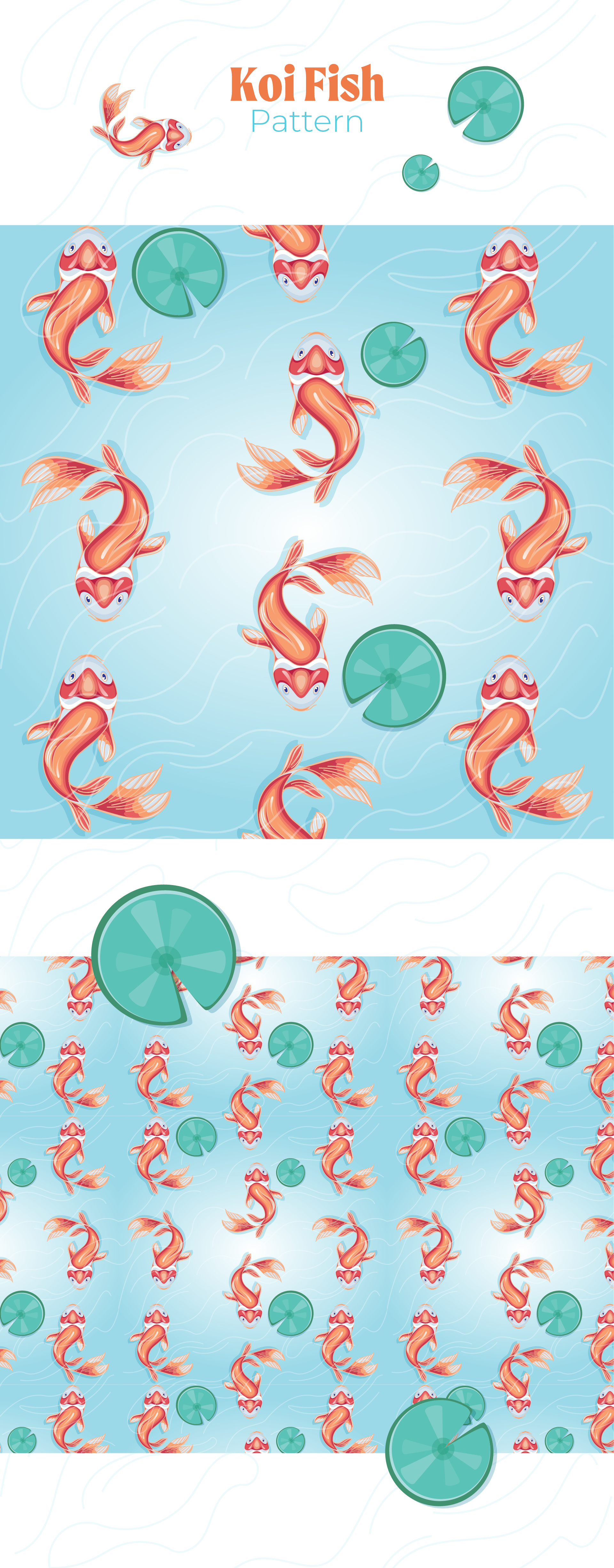 Illustration of an orange koi fish and lilly pads repeated in a pattern over water.