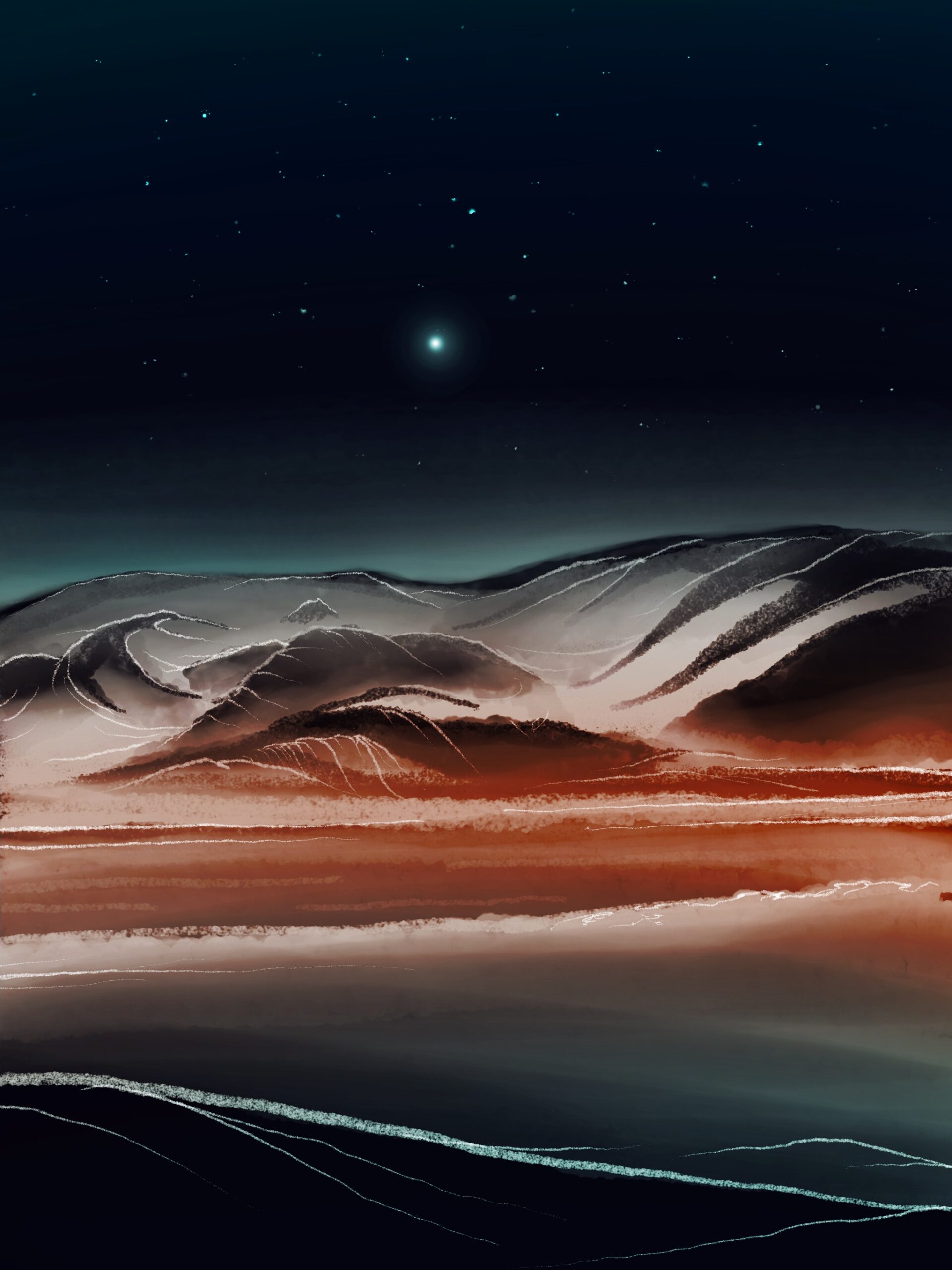 Digital painting of the surface of Mars, with a thin atmosphere and a black sky with stars.