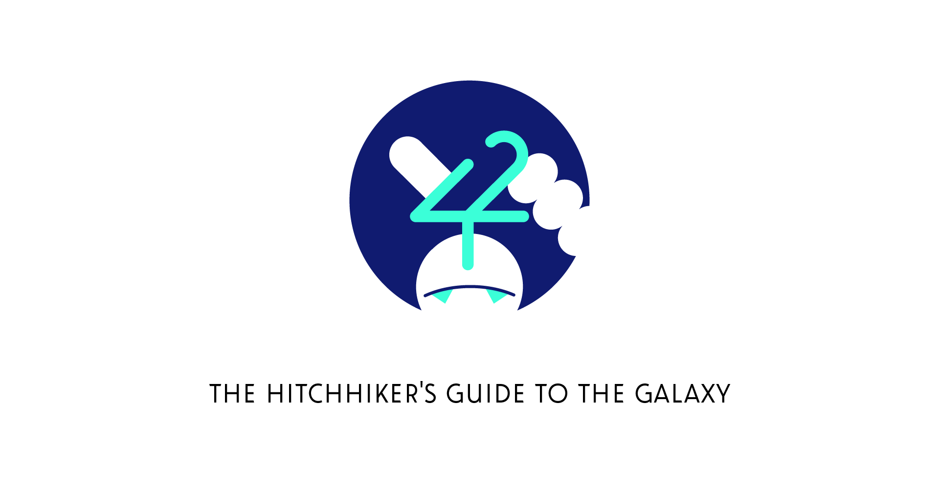 Logo for The Hitchhiker's Guide to the Galaxy, featuring the number 42 stylized to look like a hand with the thumb out, and Marvin's head below.