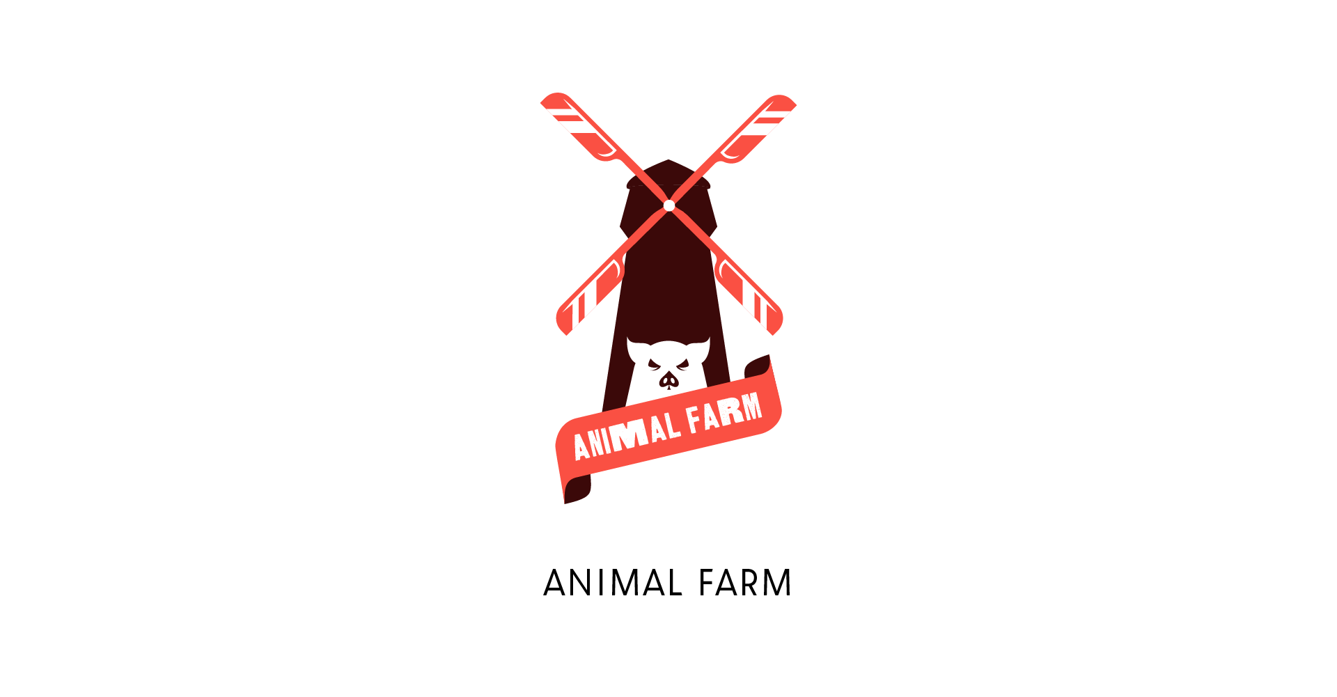 Logo for Animal Farm featuring a windmill with razors as blades and a mean looking pig below, obfuscated by a ribbon with the book's name on it.