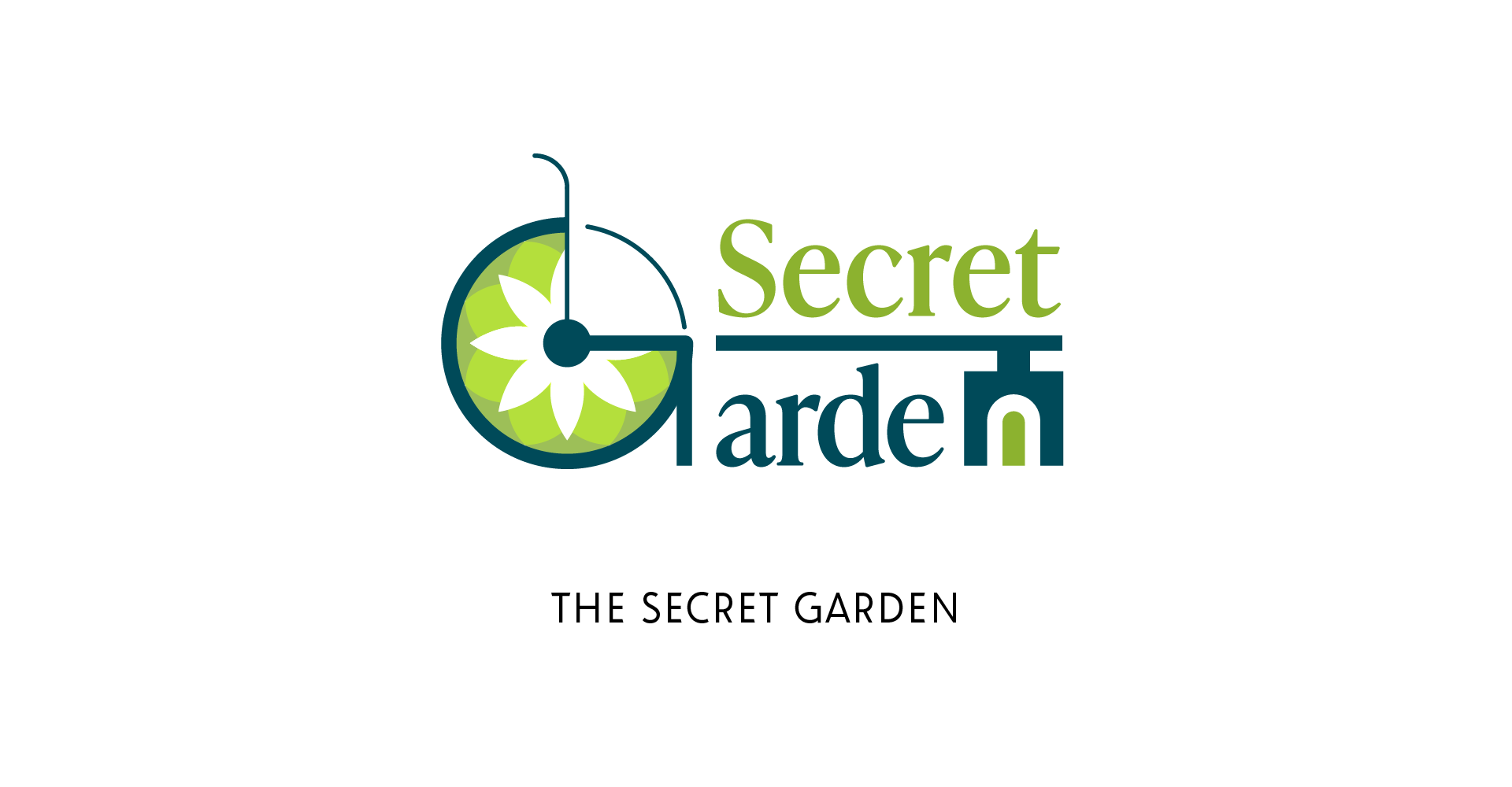 Logo for The Secret Garden with the 'G' stylized as a wheelchair with a lotus flower design in the wheel and the 'n' stylized as a door in a wall.