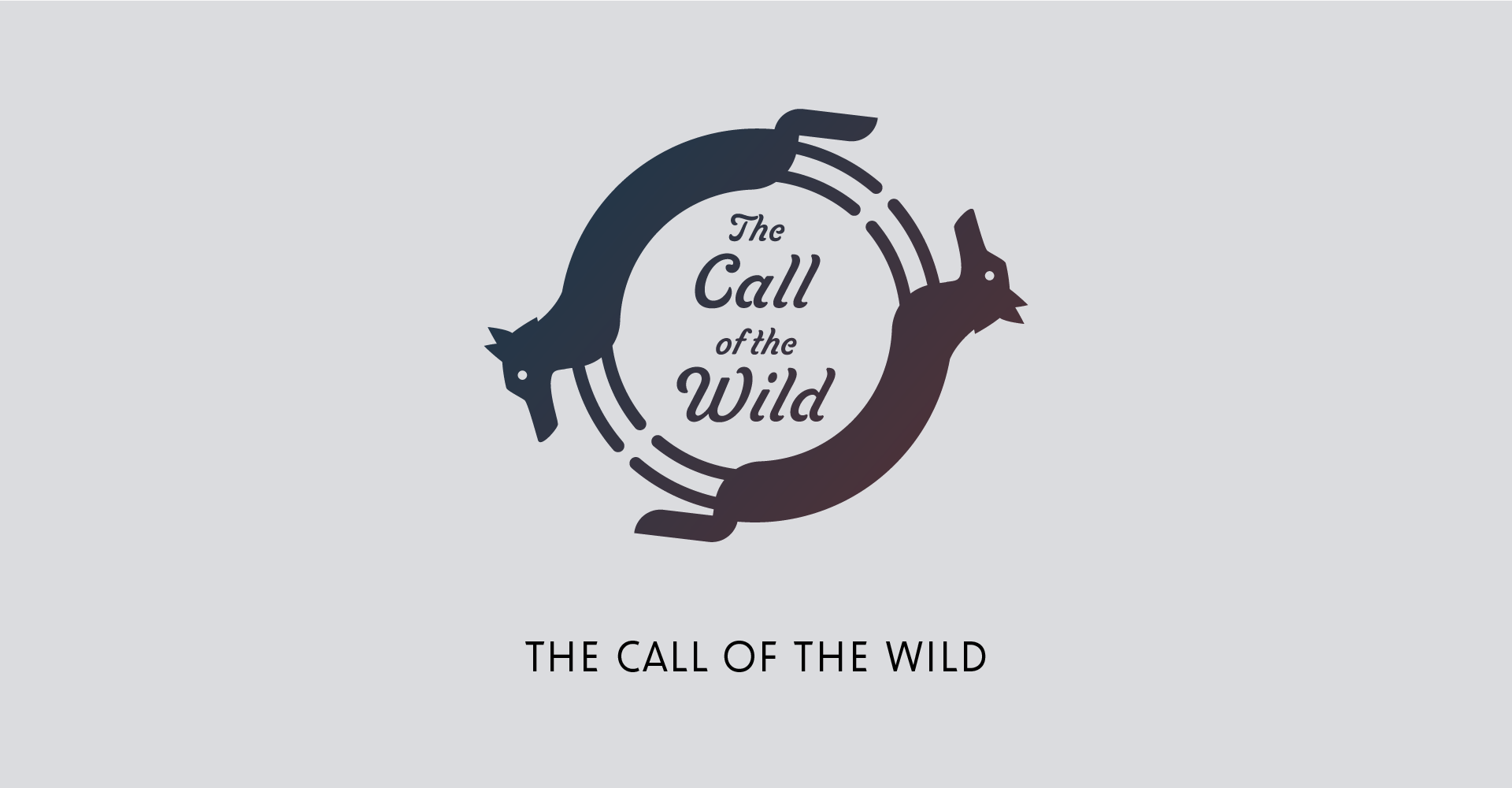 Logo for The Call of the Wild featuring two wolves arched as 2 halves of a circle with the name of the book in the center.