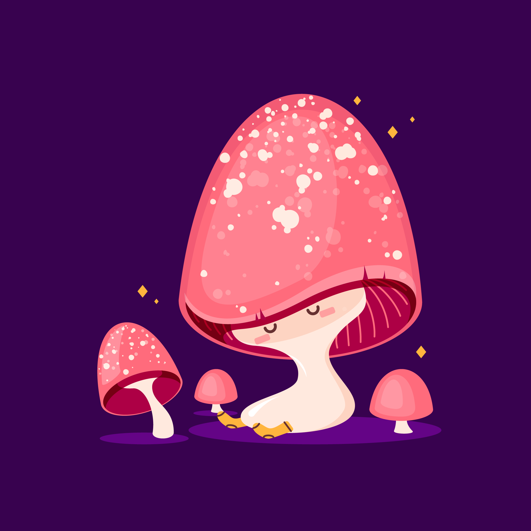 Illustration of a sleepy pink spotted mushroom wearing socks.