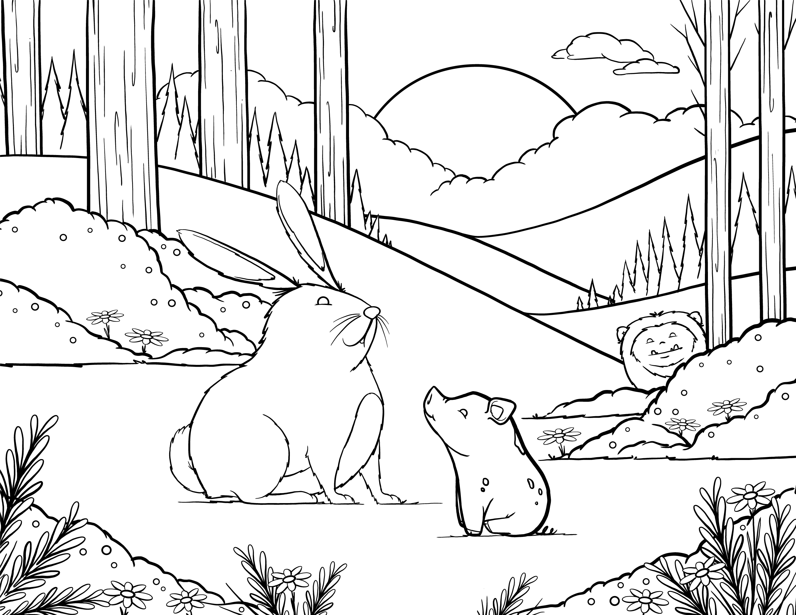 Black & white line art of a forest scene with a rabbit and small pig in the center. A strange furry creature peaks out from the bushes in the background.