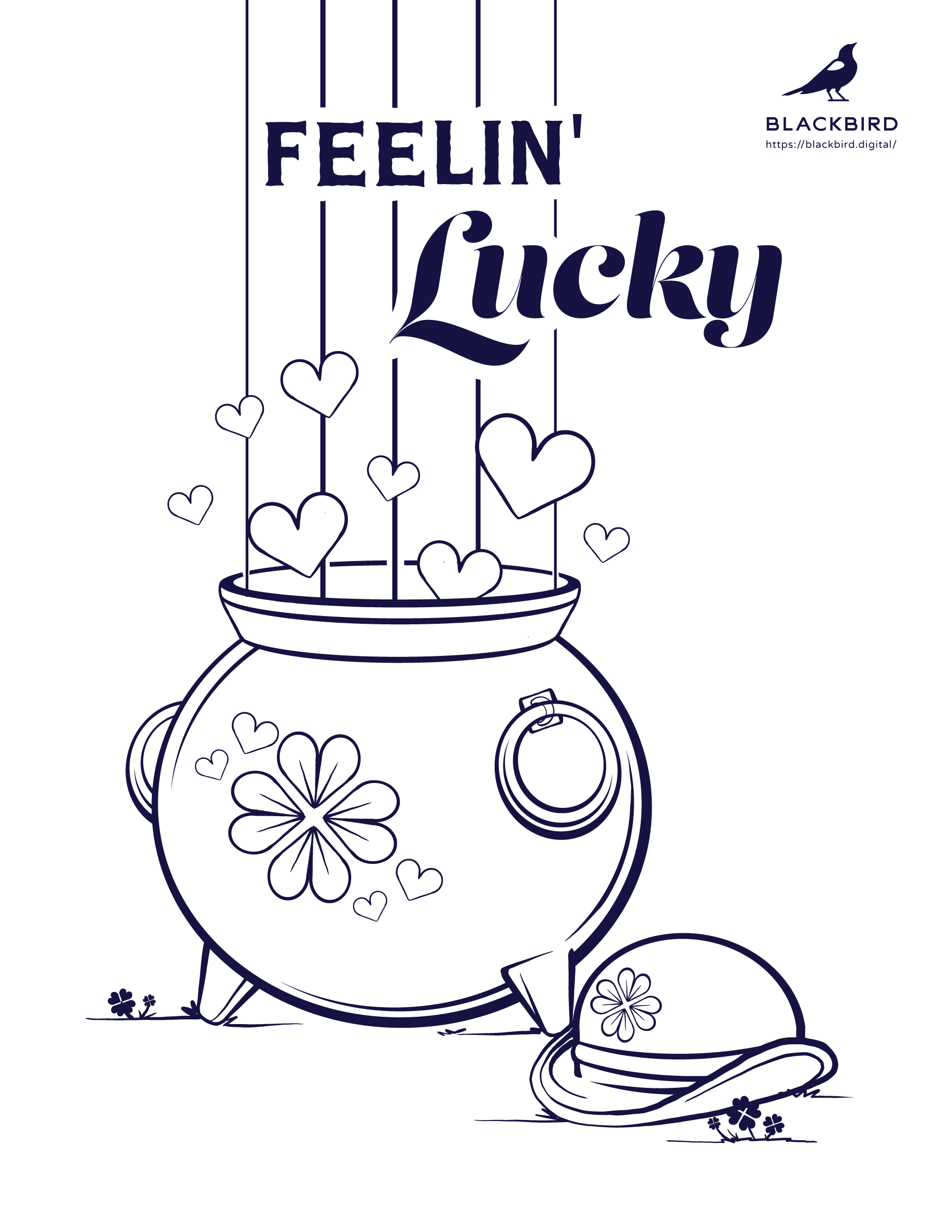 Coloring page style illustration of a pot with a four-leaf clover design bursting with hearts and the words "Feelin' Lucky", and a small bowler hat on the ground.