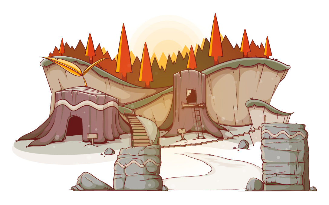 Illustration of houses made from large tree stumps in front of sloping hills topped by autumn-colored trees.