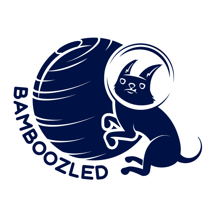 1-color illustration of a small dog in a space helmet in front of a large planet with the word "Bamboozled"